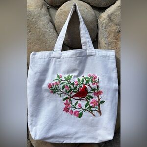 NEW!! Handmade One-of-a-Kind Cardinal/Floral Embroidered White Tote Bag